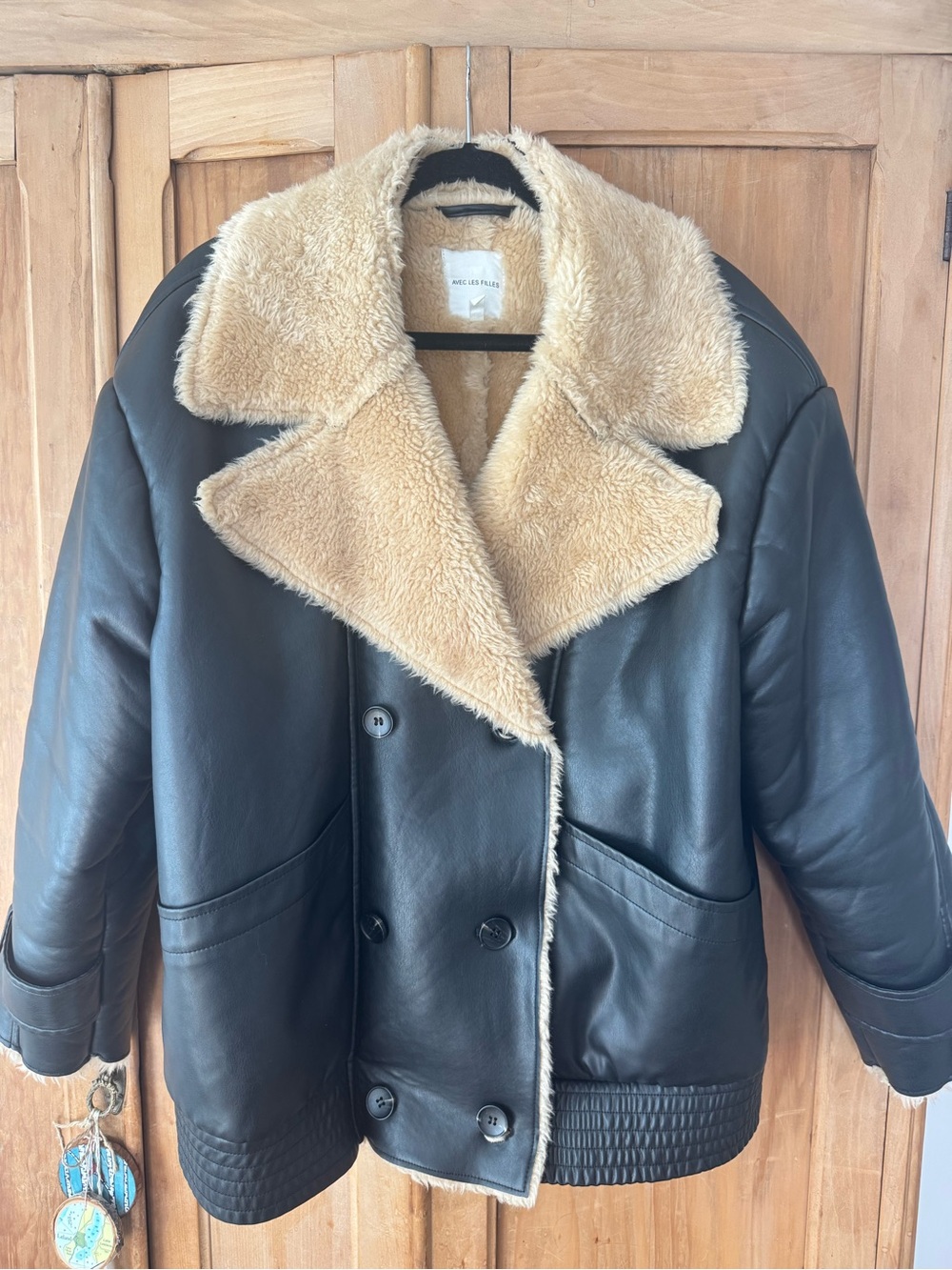 Avec Les Filles Black Faux Leather Jacket with Tan Shearling Trim - Picture 5 of 9
